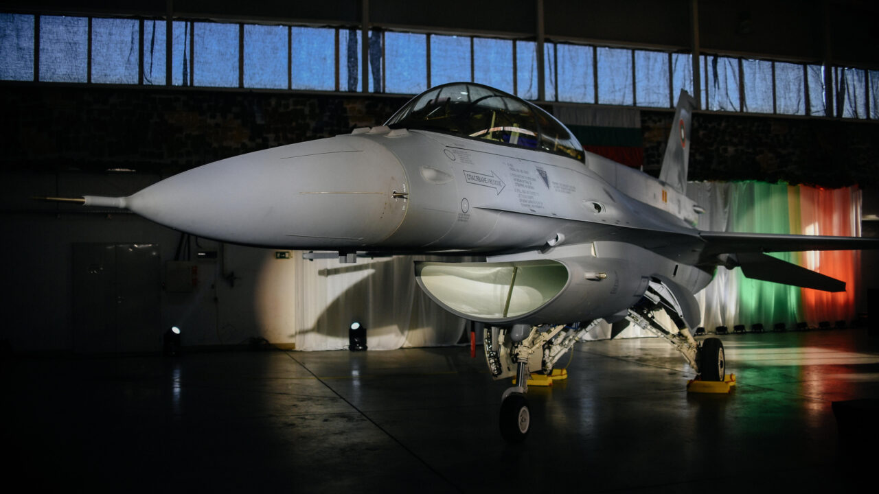PLOVDIV, BULGARIA-APRIL 13: An F-16 Block 70 fighter jet is display at the Third Graf Ignatievo Airbase on an official ceremony near the town of Plovdiv, Bulgaria on April 13 2025. It is the first F-16 Block 70 aircraft to arrived which will be integrated into the Bulgarian Air Force’s squadron of fighter jets. Borislav Troshev / Anadolu