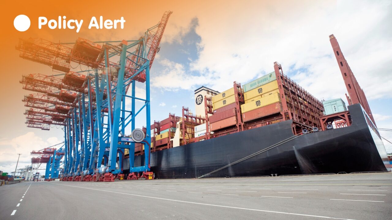 A large container ship loaded with containers is anchored at a port. To the left stands a row of cranes used to load and unload cargo