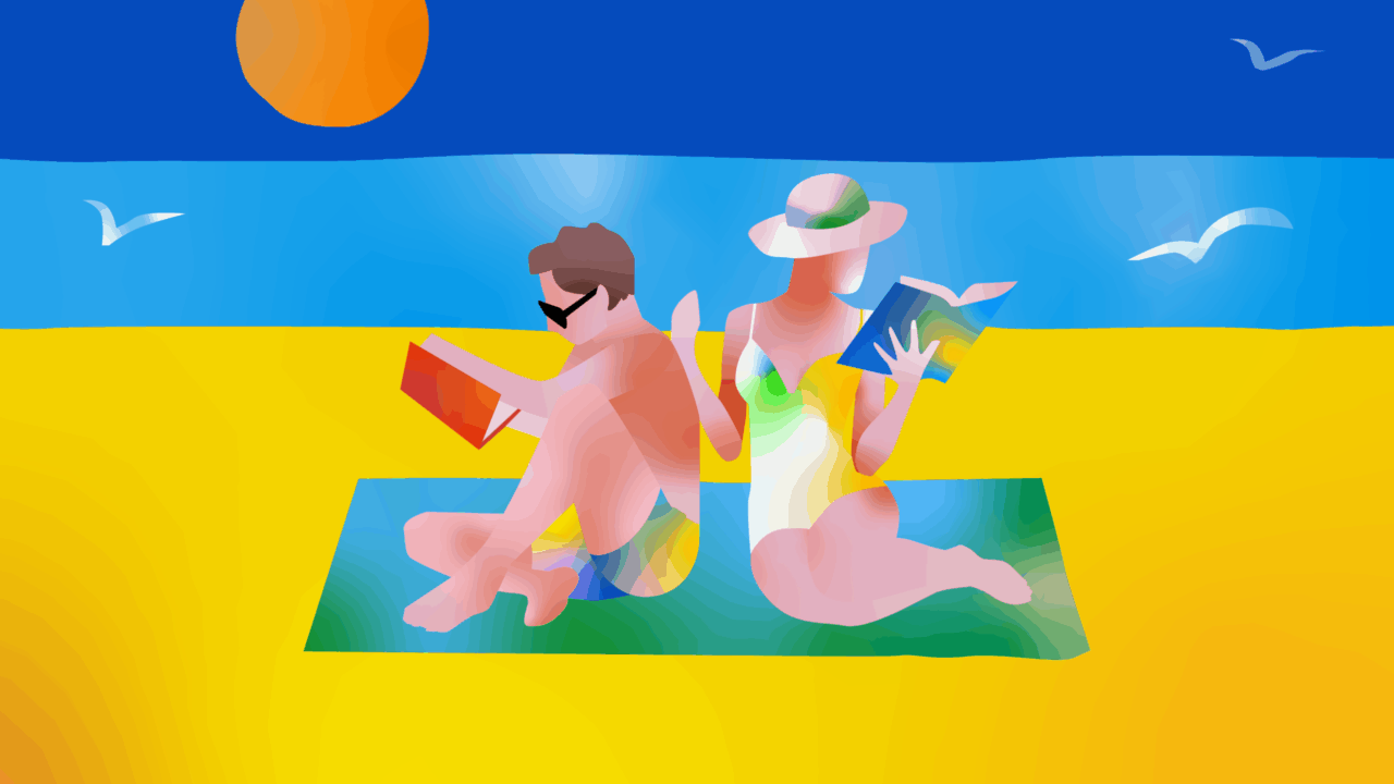 Cartoon: A man and woman sit back to back on a green beach towel with a light blue see and dark blue sky, with orange sun in the top right, in the background. The man wears swimming shorts and sunglasses, the woman a sun hat and bathing costume