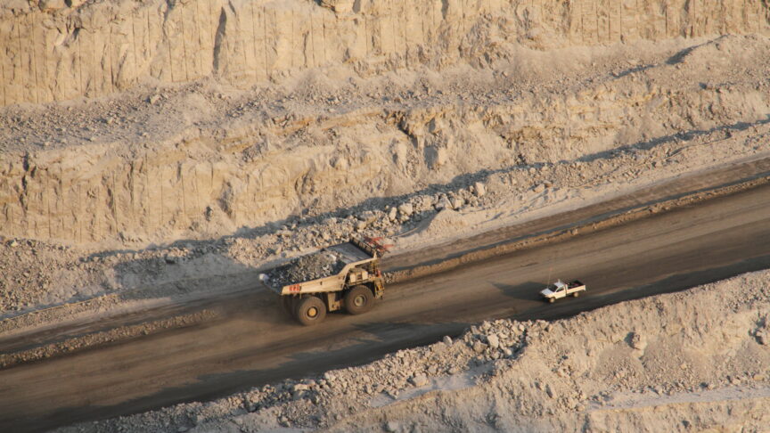 A truck drives in the pit of Rossing Mine near the town of Swakopmund, Namibia, on July 25, 2019.