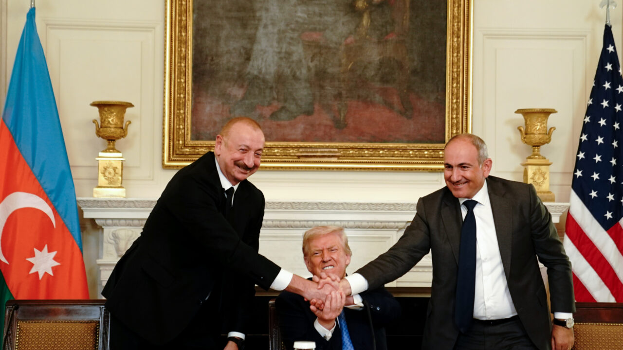 Ilham Aliyev, Azerbaijan’s president, from left, US President Donald Trump, and Nikol Pashinyan, Armenia’s prime minister, shake hands during a signing ceremony in the State Dining Room of the White House in Washington, DC, US, on Friday, Aug. 8, 2025. Armenia and Azerbaijan signed a peace agreement aimed at ending decades of conflict. Photo by Nathan Howard/UPI Photo via Newscom picture alliance
