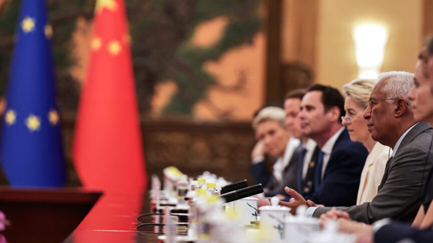 European Council President António Costa and European Commission President Ursula von der Leyen listen to Chinese President Xi Jinping at the EU–China Summit in Beijing, 24 July 2025.