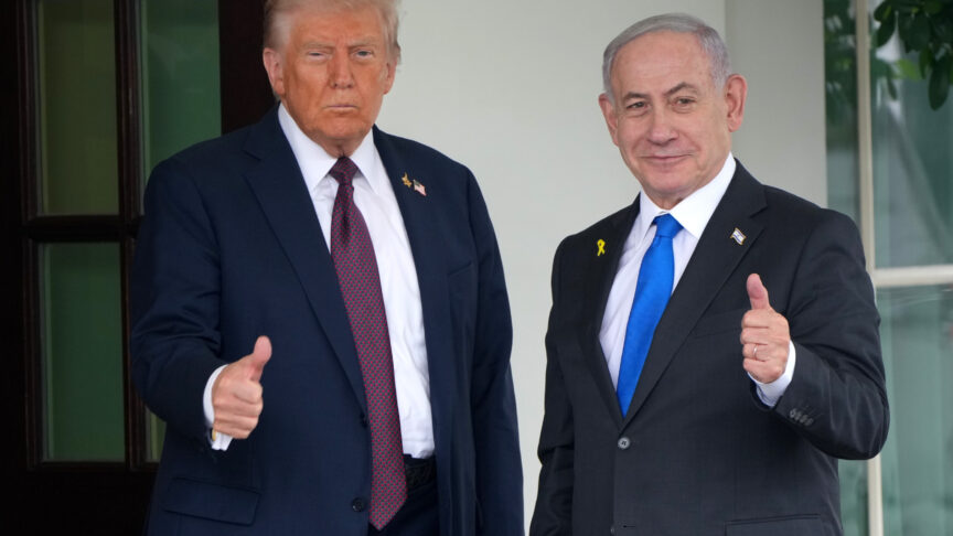 President Donald Trump greets Israeli prime minister Binyamin Netanyahu outside the West Wing of the White House in Washington, DC on Monday, September 29th, 2025.