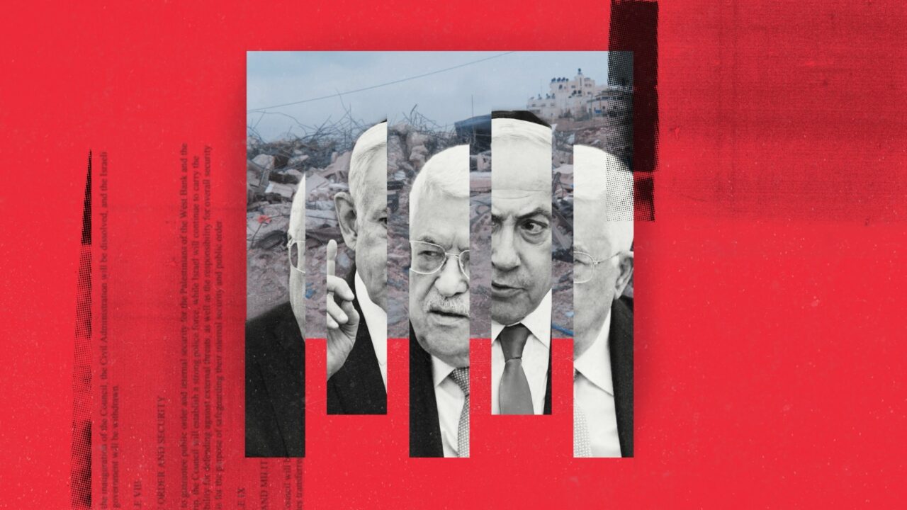 Photo-illustration depicting Palestinian Authority president Mahmoud Abbas and Israeli prime minister Binyamin Netanyahu | By Portia Kentish for ECFR
