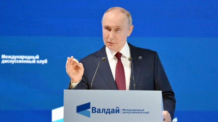 Russian president Vladimir Putin speaks at the main session of the Valdai Discussion Club held in Sochi, Russia on October 2nd, 2025