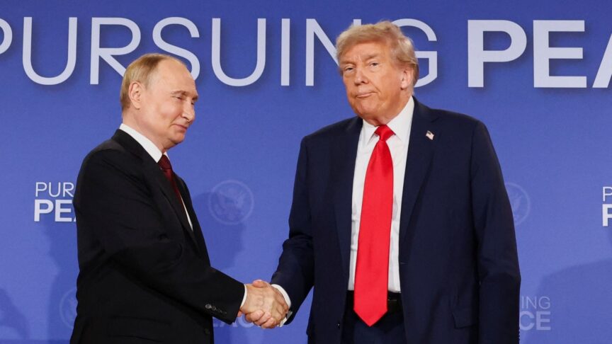 U.S. President Donald Trump and Russian President Vladimir Putin shake hands during a press conference following their meeting to negotiate an end to the war in Ukraine, at Joint Base Elmendorf-Richardson, in Anchorage, Alaska, U.S., August 15, 2025.