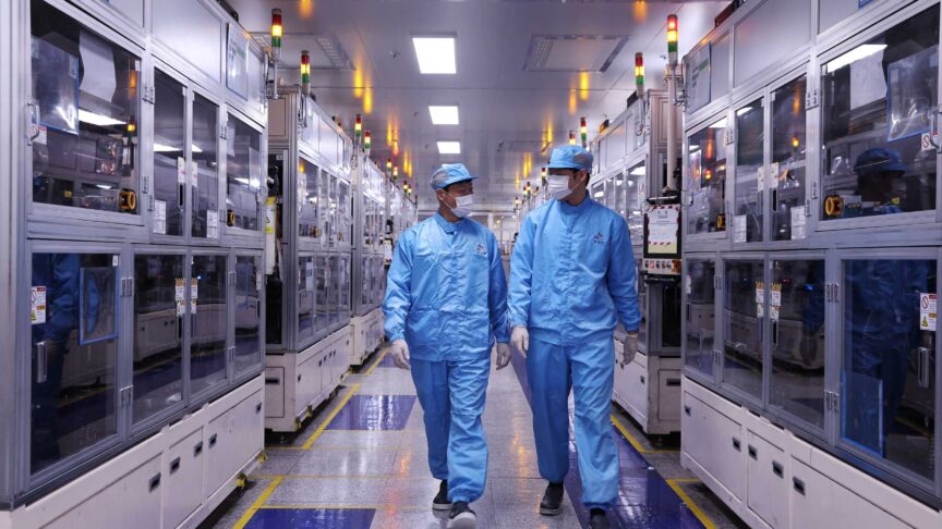 Employees work at SK On EV battery factory in Seosan