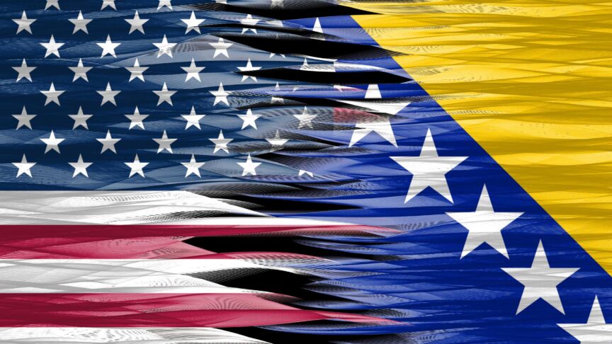 American and Bosnia flags made with textured patterns. Concept image depicting the negotiation dialogue of the tariff list. Base map and background concept. Double exposure hologram.