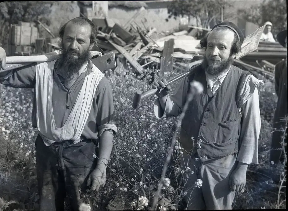 Israeli settlers from the Poalei Agudat Yisrael movement establishing an agricultural settlement after the Palestinian village of Masmiyya al-Kabira was destroyed in the nakba, 1949