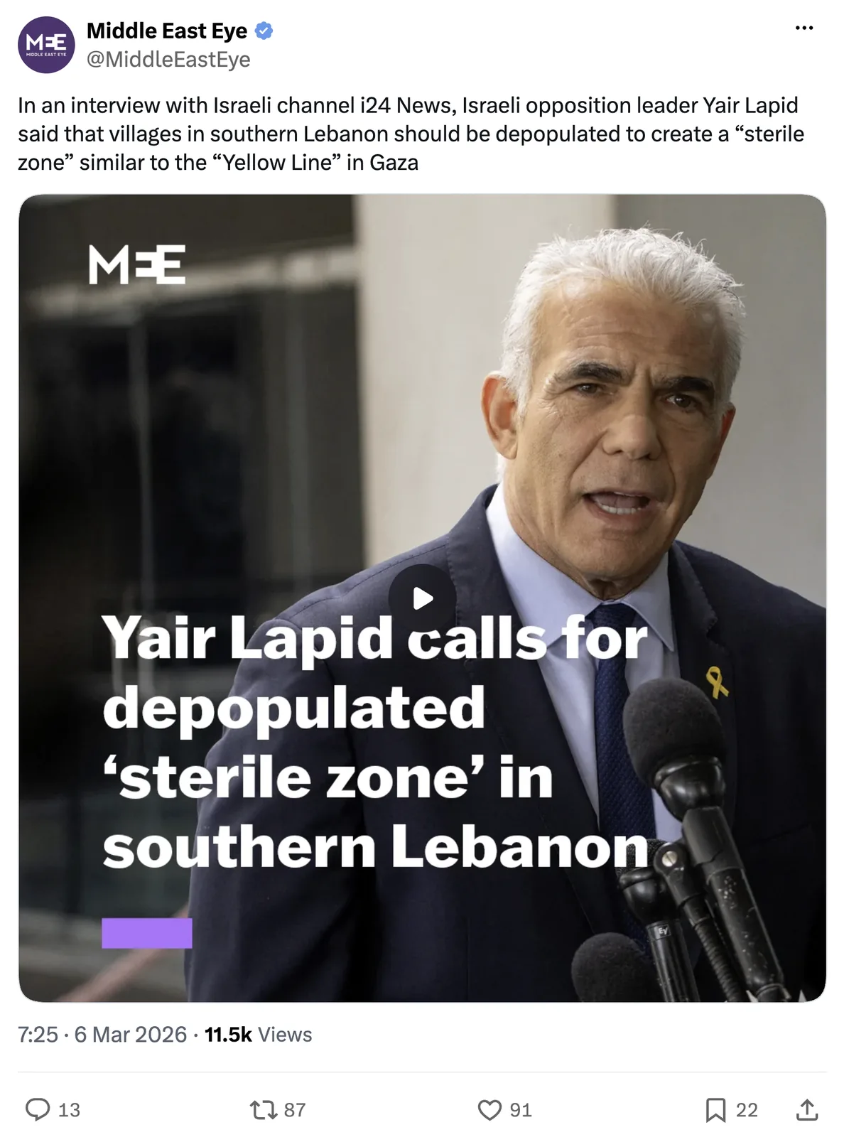 Screenshot of Middle East Eye post on X