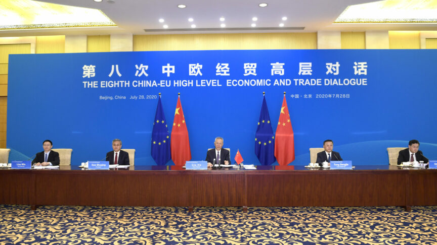 Chinese Vice Premier Liu He, also a member of the Political Bureau of the Communist Party of China Central Committee, co-chairs the 8th China-EU High-level Economic and Trade Dialogue with Valdis Dombrovskis, executive vice president of the European Commission