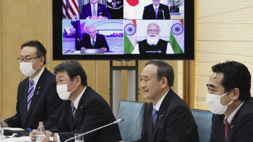 Japanese Prime Minister Yoshihide Suga attends the Quad Summit meeting with U.S. President Joe Biden, Australian Prime Minister Scott Morrison and Indian Prime Minister Narendra Modi at the prime minister’s office in Tokyo on March 12, 2021. The leaders of the four-member group discussed a quadrilateral security and strengthen their cooperation with our allies and partners in the Indo-Pacific issue. ( The Yomiuri Shimbun via AP Images )