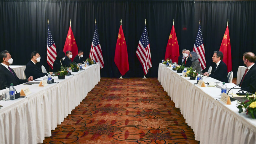 Secretary of State Antony Blinken, second from right, joined by national security adviser Jake Sullivan, right, speaks while facing Chinese Communist Party foreign affairs chief Yang Jiechi, second from left, and China’s State Councilor Wang Yi, left, at the opening session of US-China talks at the Captain Cook Hotel in Anchorage, Alaska, Thursday, March 18, 2021. (Frederic J. Brown/Pool via AP)