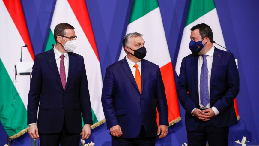 Hungary’s Prime Minister Viktor Orban, Poland’s Prime Minister Mateusz Morawiecki and Italy’s League party leader Matteo Salvini pose for a picture after a news conference following their meeting in Budapest, Hungary, April 1, 2021. REUTERS/Bernadett Szabo