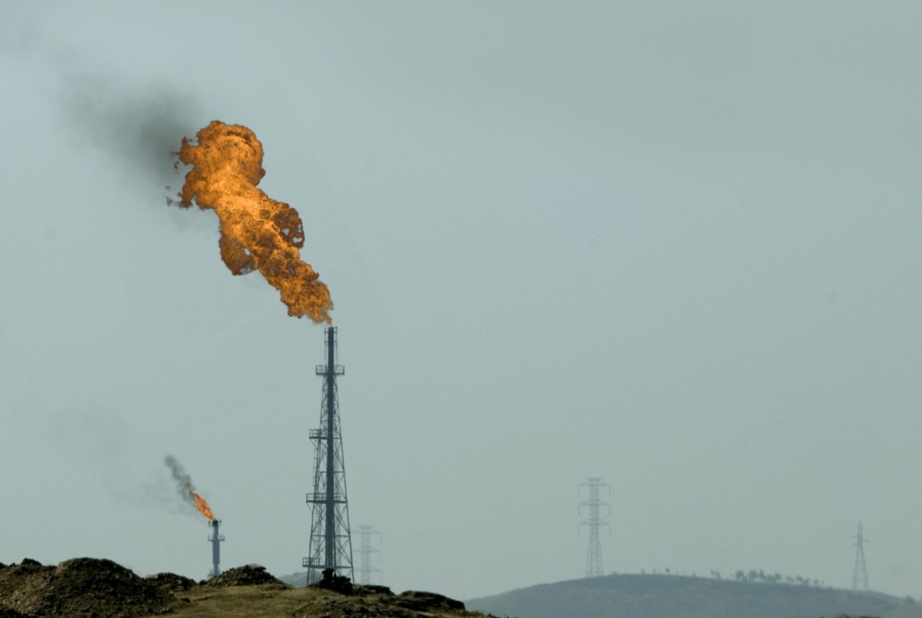 A fire at the top of an oil well in Khuzestan, Iran
