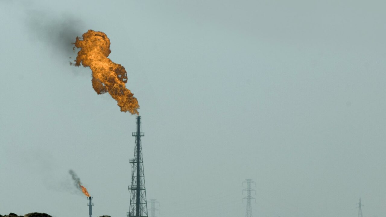 A fire at the top of an oil well in Khuzestan, Iran