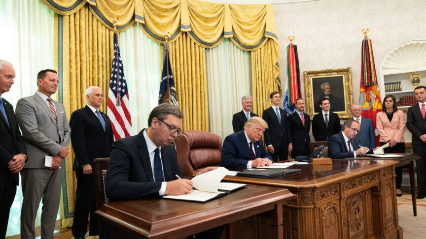 President Donald J. Trump, joined by Vice President Mike Pence, participates in a signing ceremony with Serbian President Aleksandar Vučić and Kosovo Prime Minister Avdullah Hoti Friday, Sept. 4, 2020, in the Oval Office of the White House