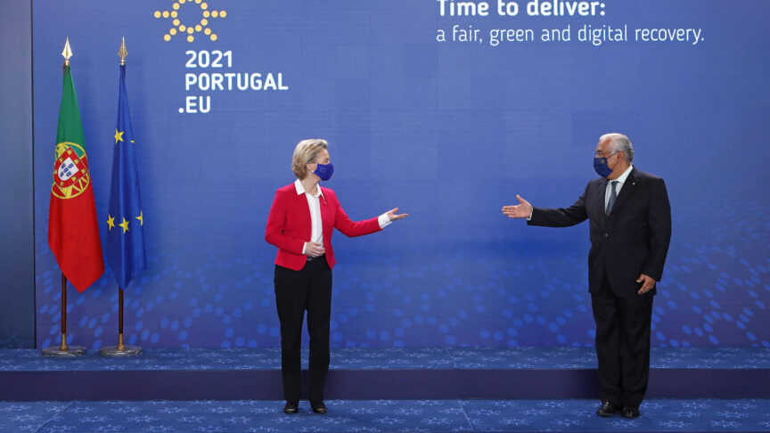 European Commission President Ursula Von Der Leyen (L) is welcomed by the Portuguese Prime Minister Antonio Costa (R) after arriving for a round of meetings with the College of Commissioners of the European Commission on the programme and the priorities of the Portuguese Presidency of the Council of the European Union (PPUE) in Lisbon, Portugal, 15 January 2021. During the first half of this year, Portugal will have its fourth presidency after 1992, 2000 and 2007. ANTÓNIO PEDRO SANTOS/LUSA