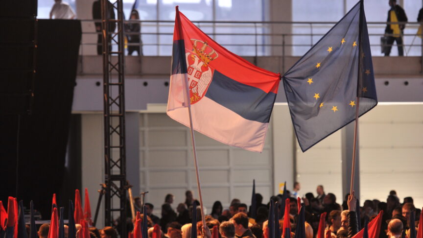 Serbian and EU flags intertwined