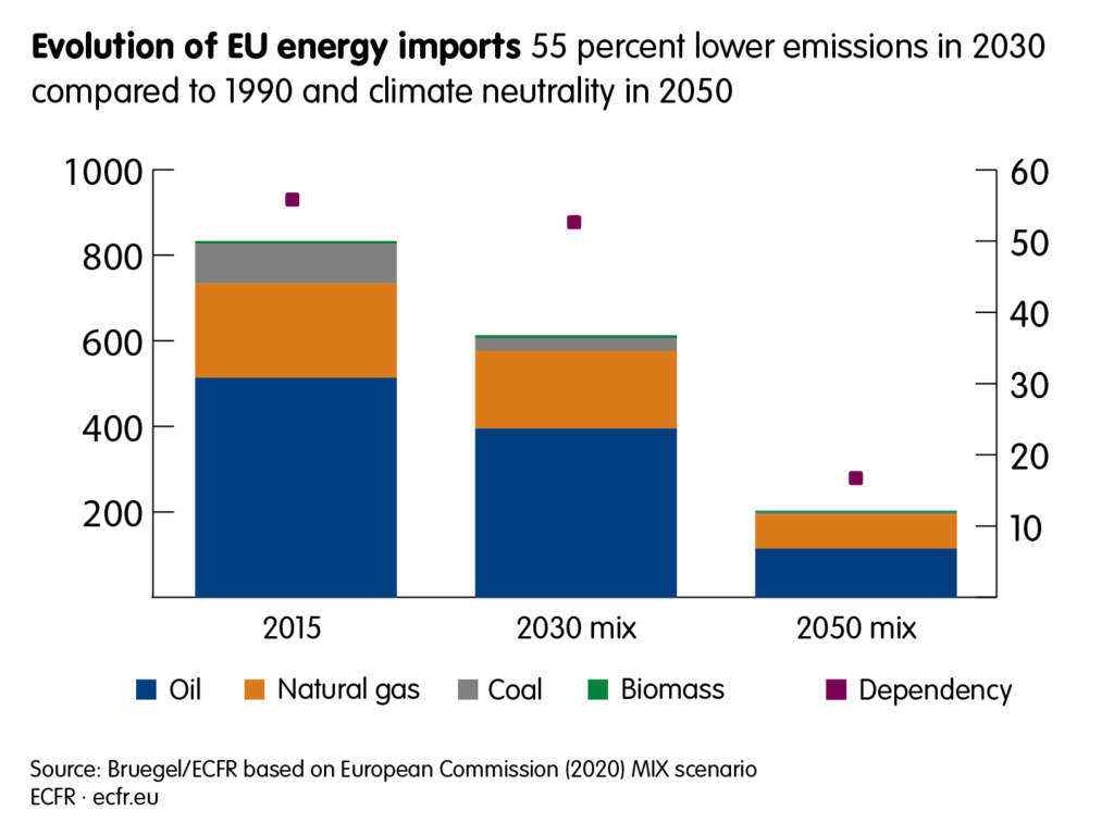 Evolution of EU energy imports: 55 per cent lower emissions in 2030 compared to 1990 and climate neutrality in 2050