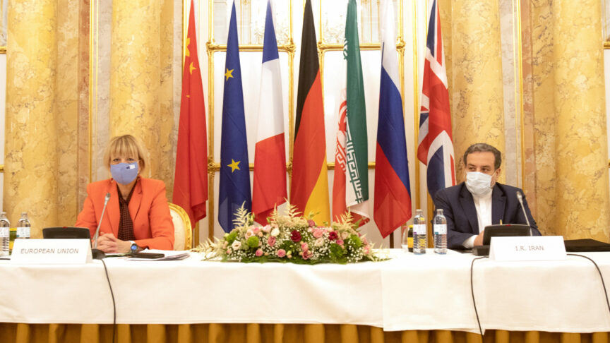 Iran’s top nuclear negotiator Abbas Araqchi and Secretary General of the European External Action Service (EEAS) Helga Schmid attend a meeting of the JCPOA Joint Commission in Vienna, Austria, September 1, 2020