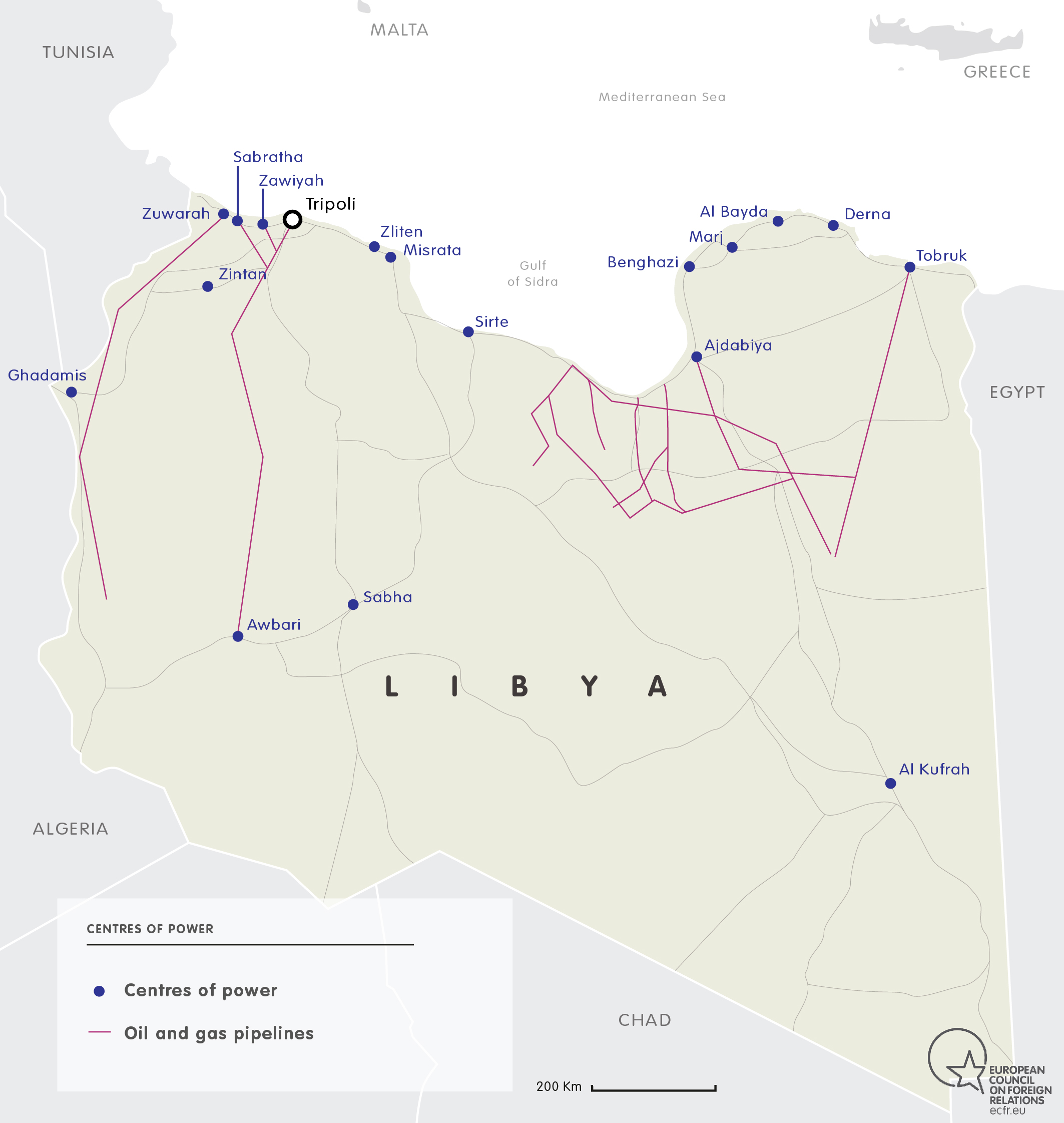 Map of oil & gas centres of power in Libya