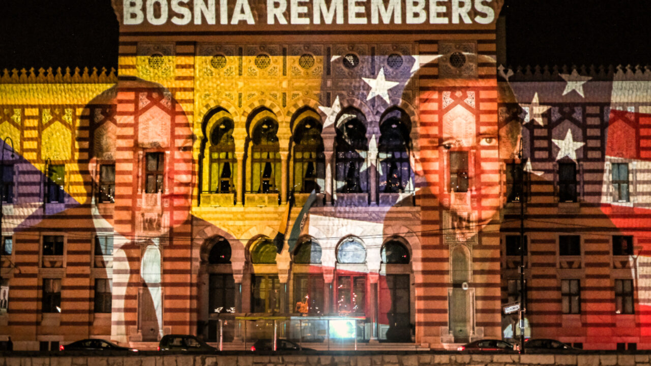 A of photograph US President-elect Joe Biden and Bosnia’s first President Alija Izetbegovic is projected on the National Library building in Sarajevo, Bosnia, along with messages of support as Bosnians celebrate Biden’s election victory, Sunday, Nov. 8, 2020
