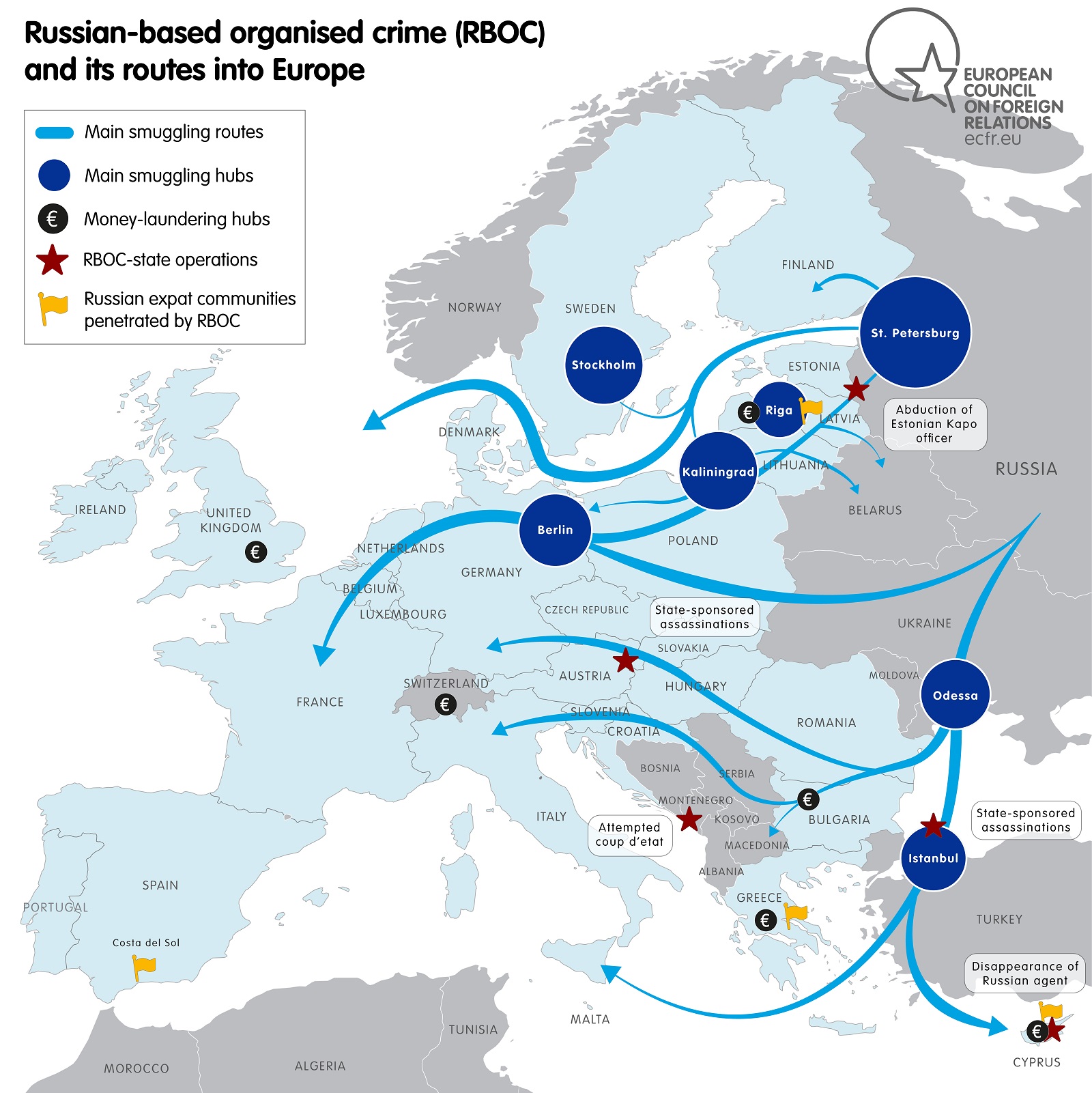 Map of Russian-based organised crime (RBOC) and its routes into Europe