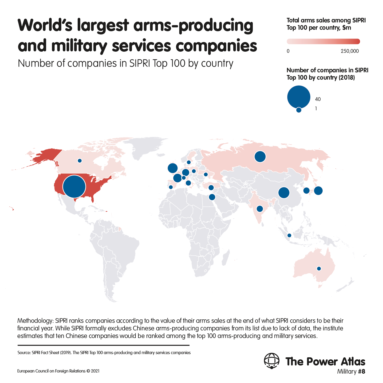 World’s largest arms-producing and military services companies: Number of companies in SIPRI Top 100 by country