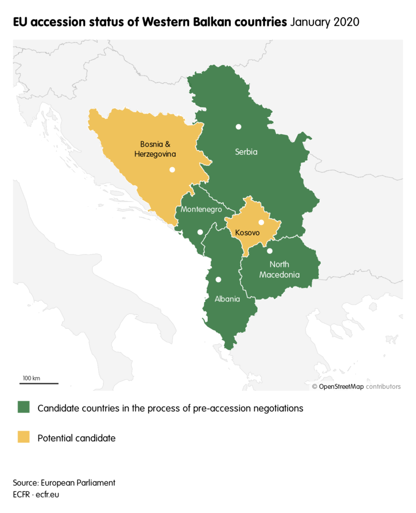 EU accession status of Western Balkan countries as of January 2020. Serbia, Montenegro, Albania and North Macedonia are in the process of pre-accession negotiations. Bosnia and Herzegovina and Kosovo are potential candidates.