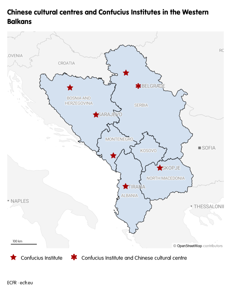 Chinese cultural centres and Confucius Institutes in the Western Balkans. All Western Balkans except Kosovo have at least one Confucius Institute.
