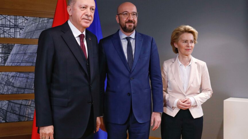 BRUSSELS, March 10, 2020 Turkish President Recep Tayyip Erdogan, European Council President Charles Michel and European Commission President Ursula von der Leyen (L to R) pose for a photo prior to their meeting in Brussels, Belgium, March 9, 2020