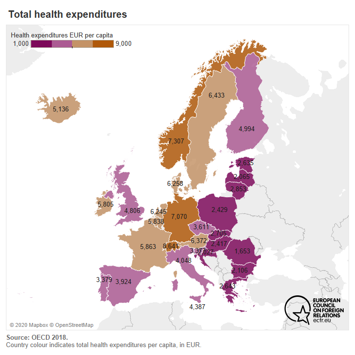 Map of European countries by total health expenditures