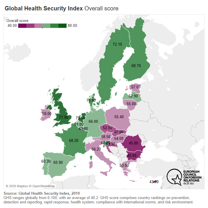 Map of EU countries by overall score at the Global Health Security Index