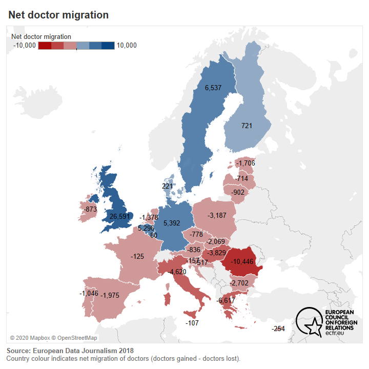 Map of EU countries by net doctor migration