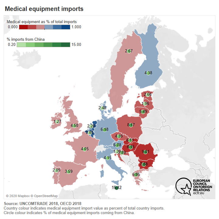 Map of EU countries by medical equipment imports, including share of imports from China